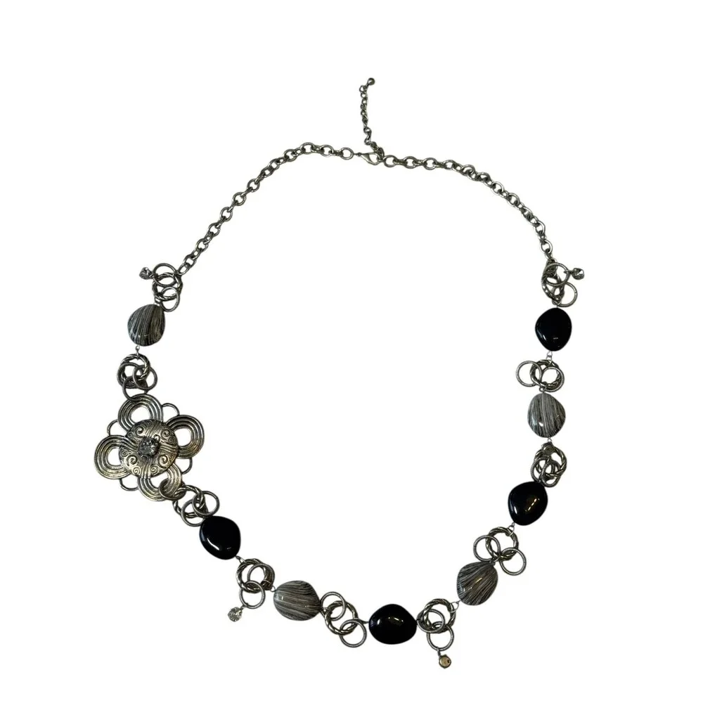 Vintage 1990s Silver Medallion Chain Belt Black Beads Statement Runway womens